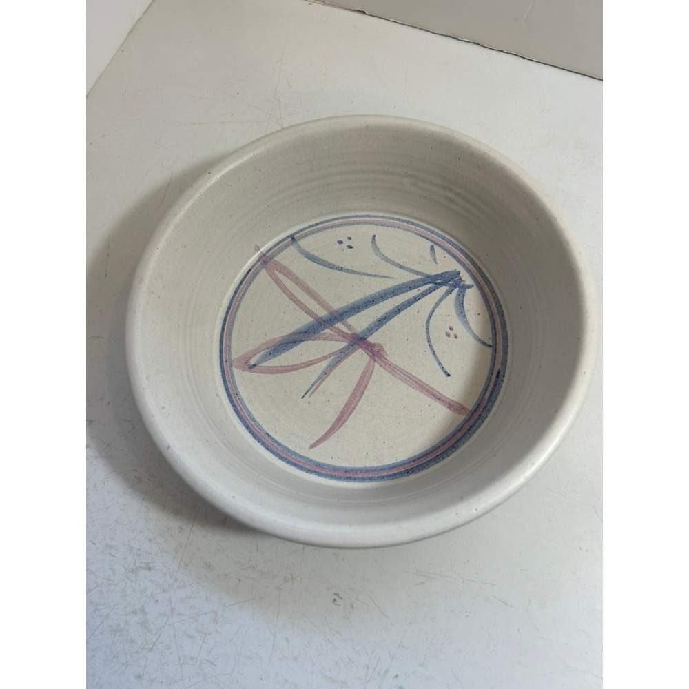 Studio Pottery Stoneware Bowl Floral Blue Pink Hand Thrown Artisan 8.5" - Picture 6 of 10